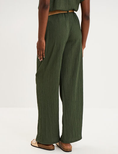 Pantalon fluide large avec ceinture vert kaki femme