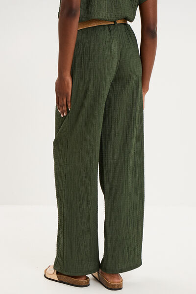 Pantalon fluide large avec ceinture vert kaki femme
