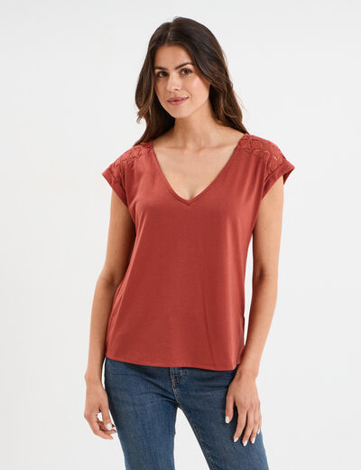 T-shirt col en V dentelle épaules et dos vieux rose femme