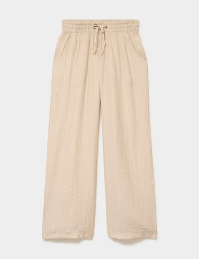 Pantalon large fluide taille &eacute;lastiqu&eacute;e beige femme
