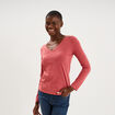 T-shirt col en V manches longues coton vieux rose femme
