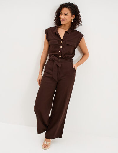 Combinaison pantalon lin m&eacute;lang&eacute; marron fonc&eacute; femme