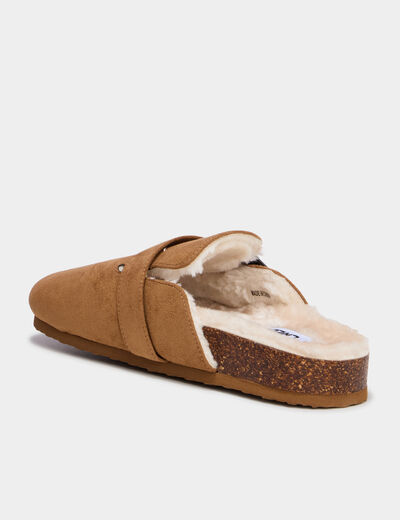 Mules fourr&eacute;es avec boucles marron femme