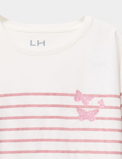 T-shirt coton col rond manches longues ecru fille