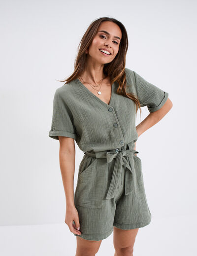 Combishort ceinturée en gaze de coton vert kaki femme