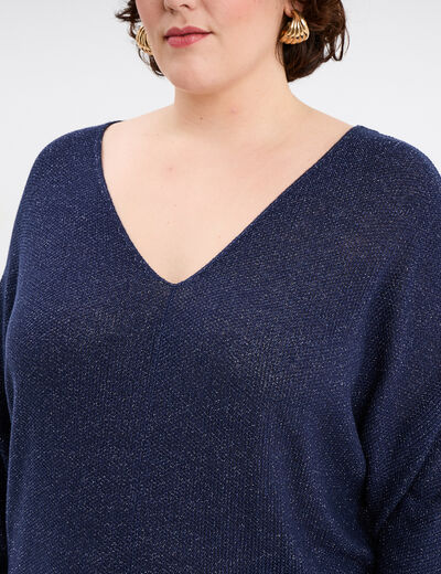 Pull manches 3/4 col en V bleu foncé femme grande taille