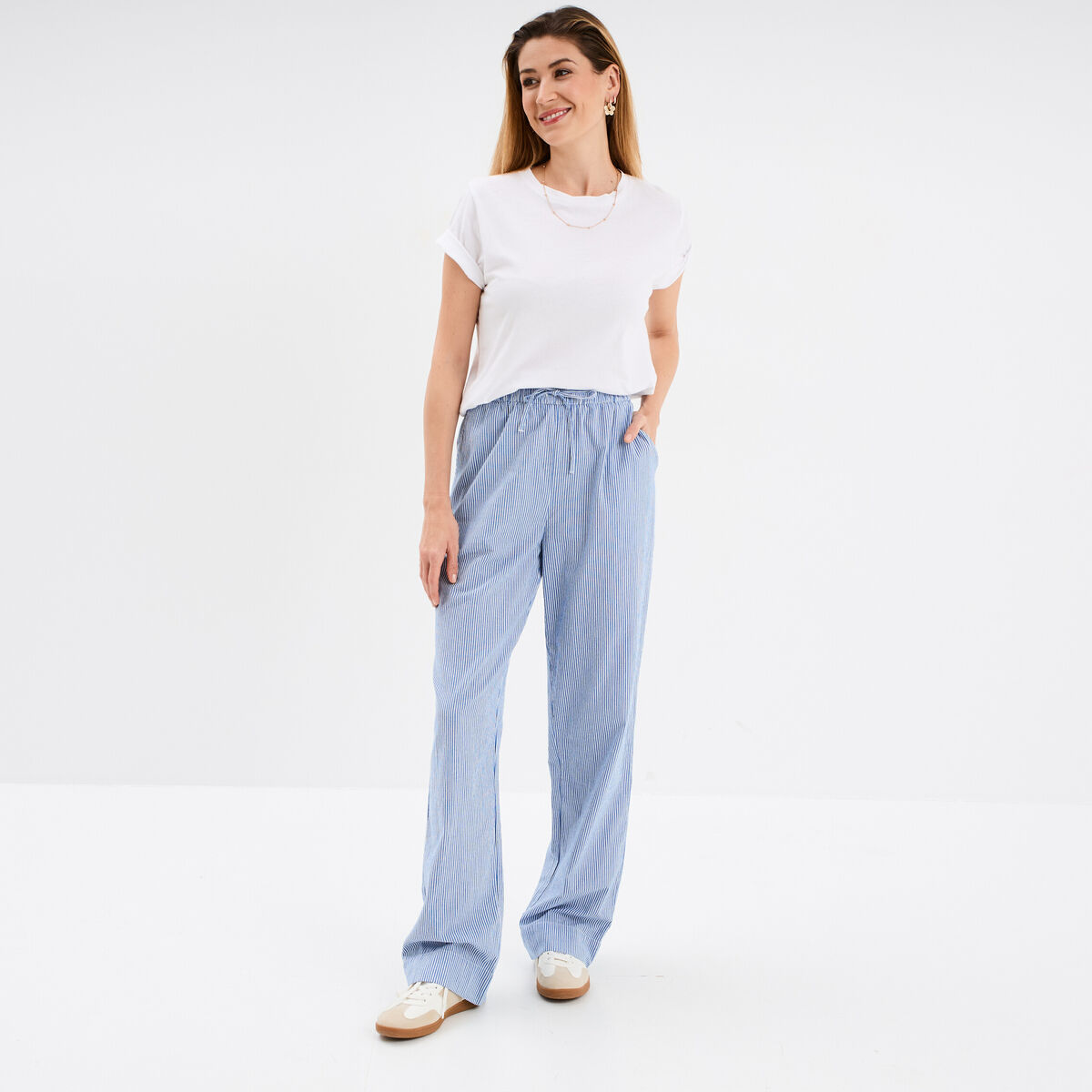Pantalon droit fluide taille &eacute;lastiqu&eacute;e ecru femme