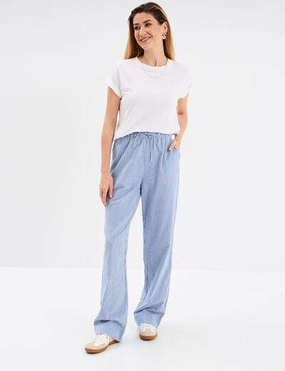 Pantalon droit fluide taille élastiquée ecru femme