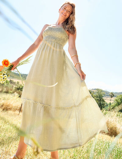 Robe longue buste smock&eacute; lin m&eacute;lang&eacute; blanc femme