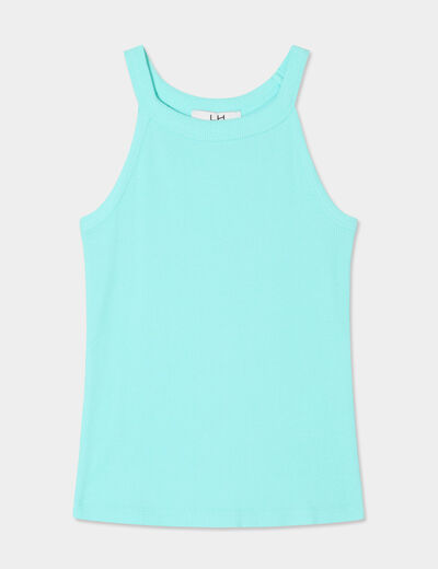 Débardeur côtelé col rond coton bleu turquoise fille