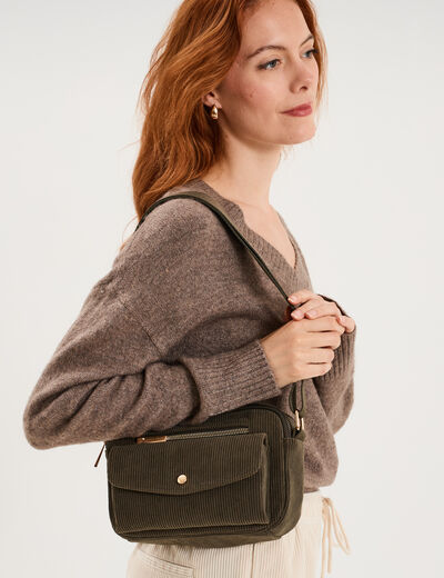 Sac rectangulaire effet velours c&ocirc;tel&eacute; vert kaki femme