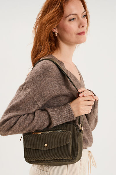 Sac rectangulaire effet velours c&ocirc;tel&eacute; vert kaki femme
