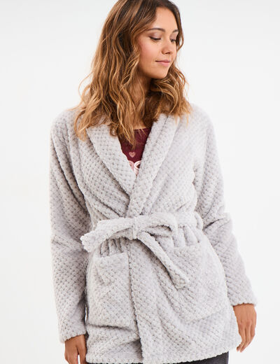 Peignoir mi-long effet polaire ceintur&eacute; gris clair femme
