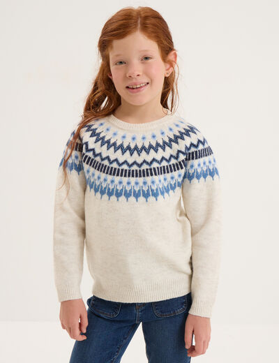 Pull jacquard col rond manches longues ecru fille