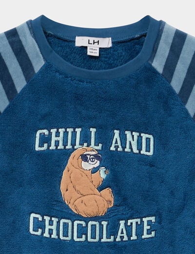 Ensemble pyjama effet velours 2 pi&egrave;ces bleu fonc&eacute; gar&ccedil;on