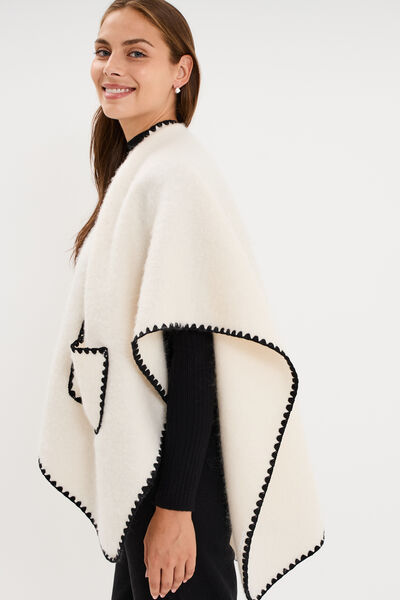 Poncho avec liser&eacute;s contrast&eacute;s ivoire femme
