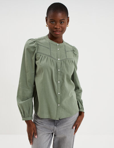 Blouse droite manches longues coton vert kaki femme