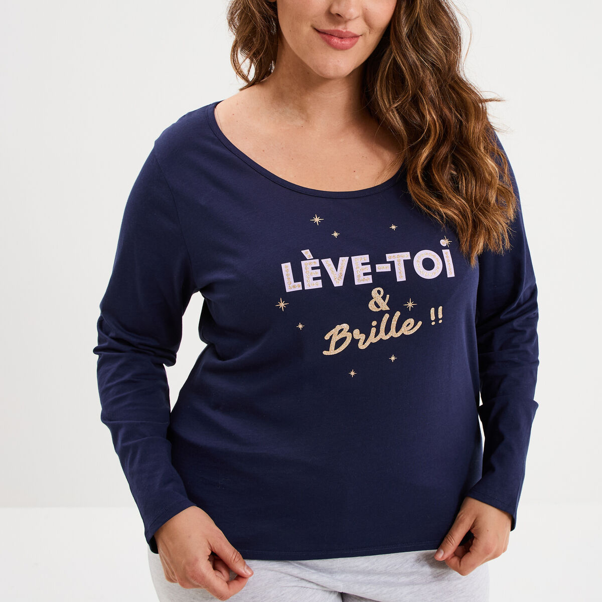 Ensemble pyjama 2 pi&egrave;ces coton bleu marine femme grande taille