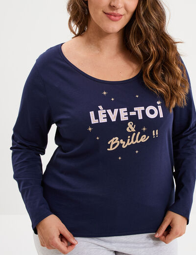 Ensemble pyjama 2 pi&egrave;ces coton bleu marine femme grande taille