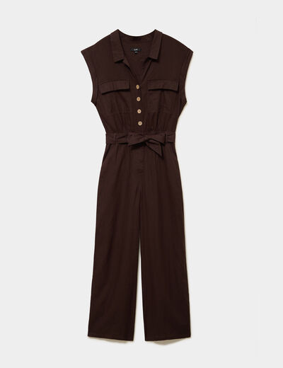 Combinaison pantalon lin m&eacute;lang&eacute; marron fonc&eacute; femme