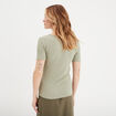 T-shirt col en V côtelé vert kaki femme