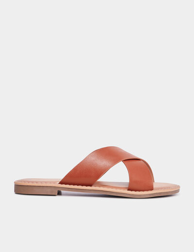 Mules brides larges crois&eacute;es marron femme