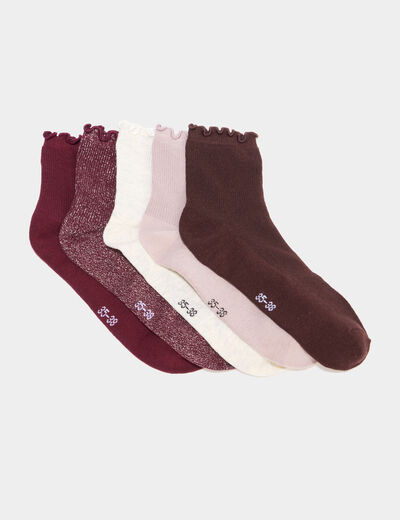Lot 5 paires socquettes c&ocirc;tel&eacute;es bordeaux femme