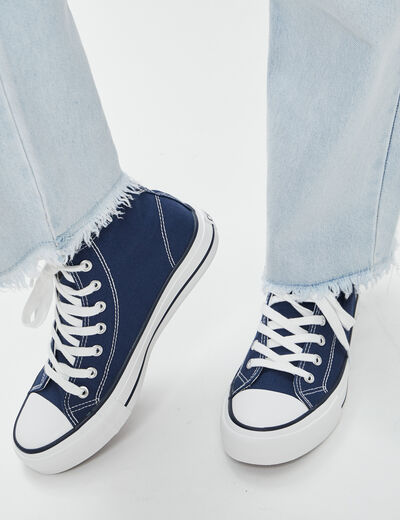 Tennis montantes &agrave; lacets en toile bleu marine femme