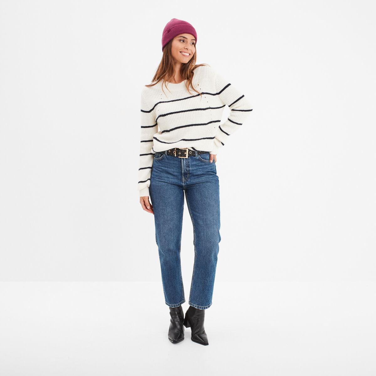 Pull col rond manches longues Creeks ecru femme