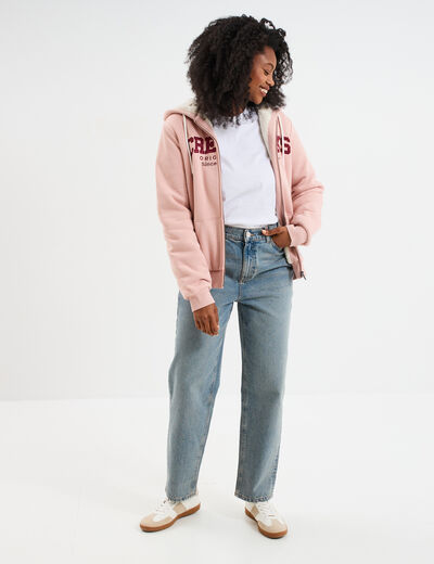 Sweat &agrave; capuche doublure effet sherpa rose poudr&eacute;e femme