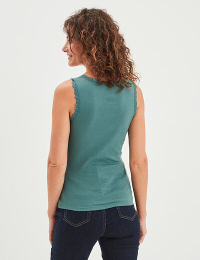 Débardeur coton bords dentelle vert foncé femme