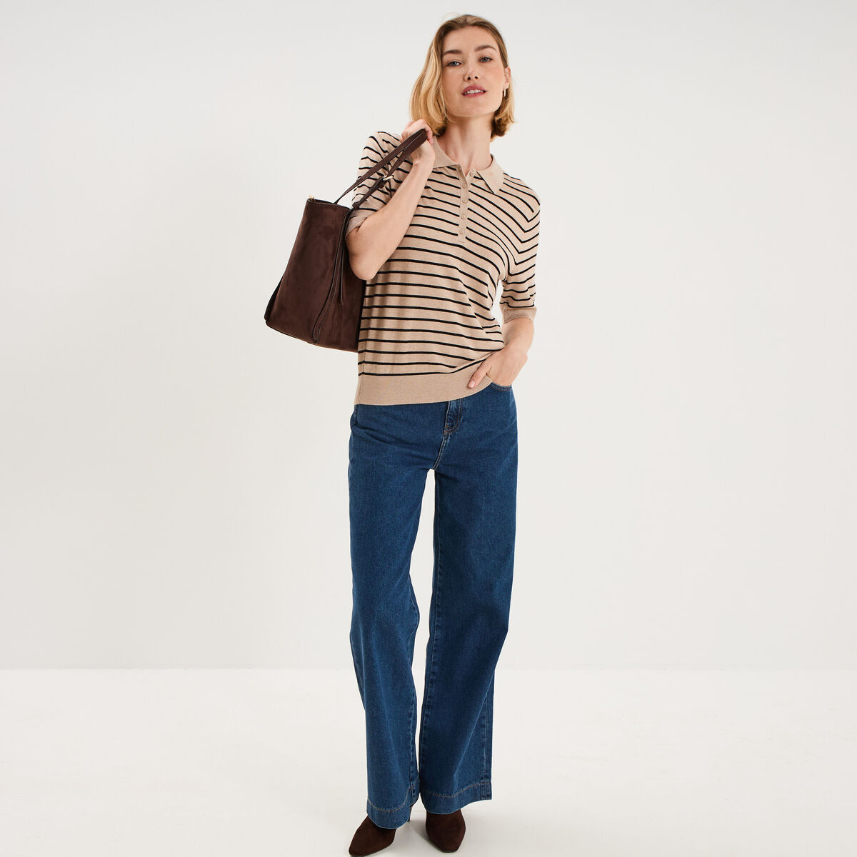 Pull col polo manches courtes beige clair femme