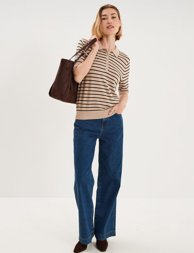 Pull col polo manches courtes beige clair femme