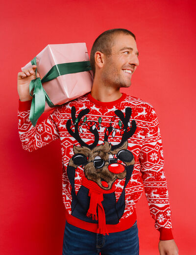 Pull de No&euml;l manches longues rouge homme
