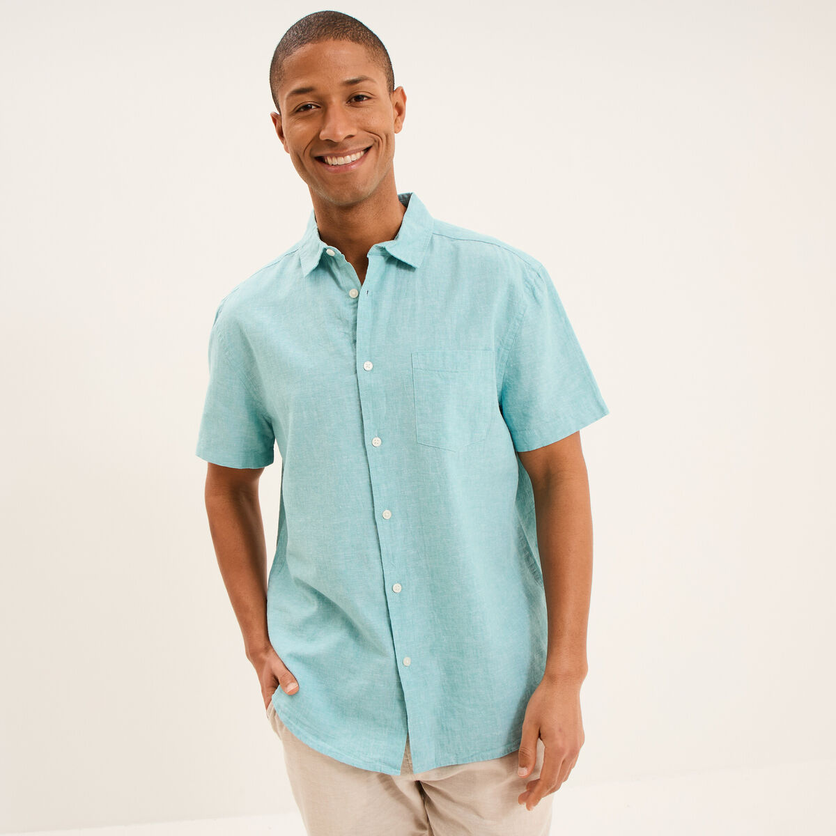 Chemise manches courtes lin m&eacute;lang&eacute; bleu turquoise homme