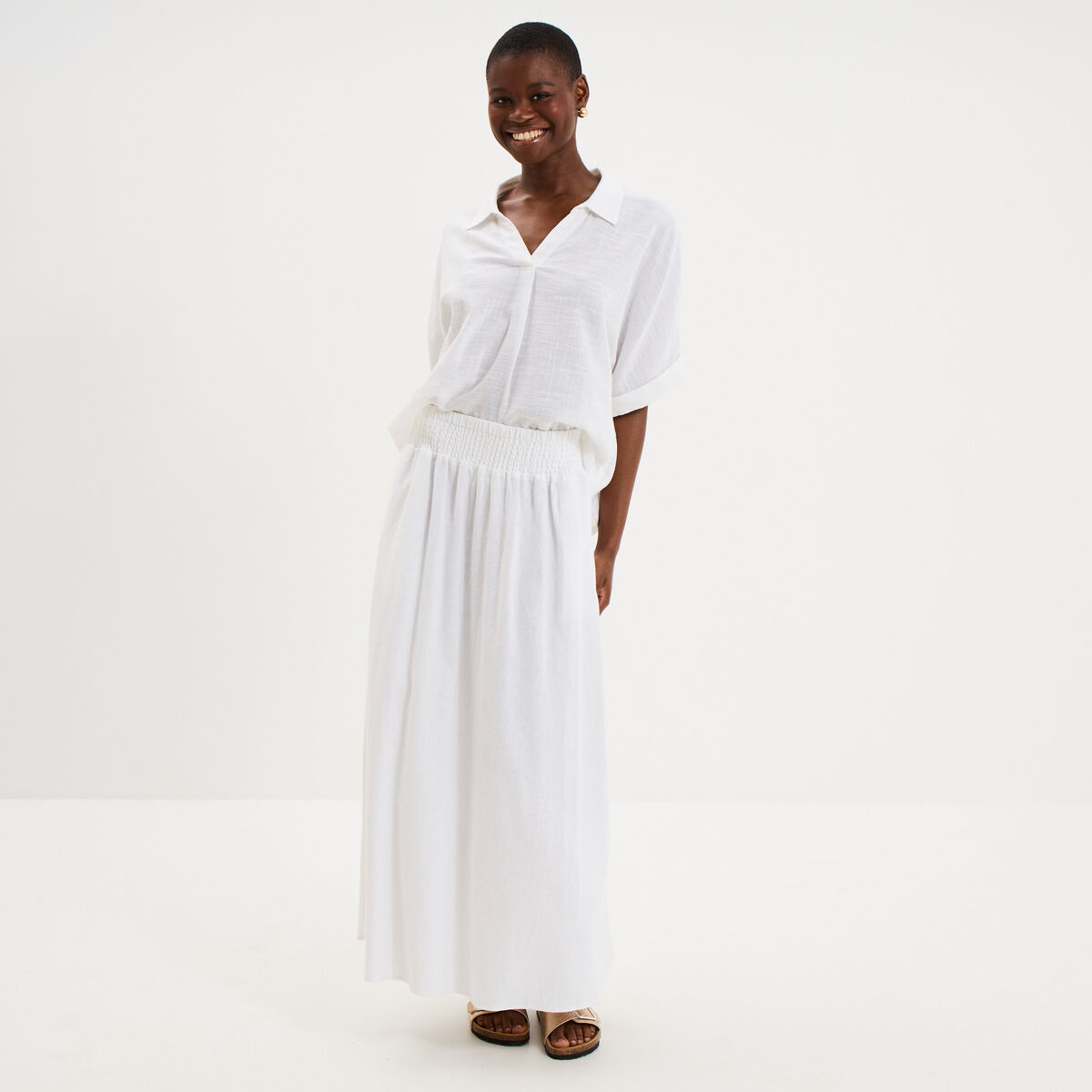 Blouse col chemise oversize coton blanc femme