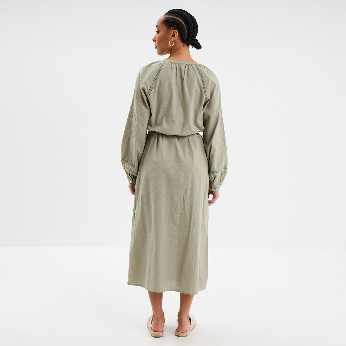 Robe manches ballons ceinturée vert kaki femme