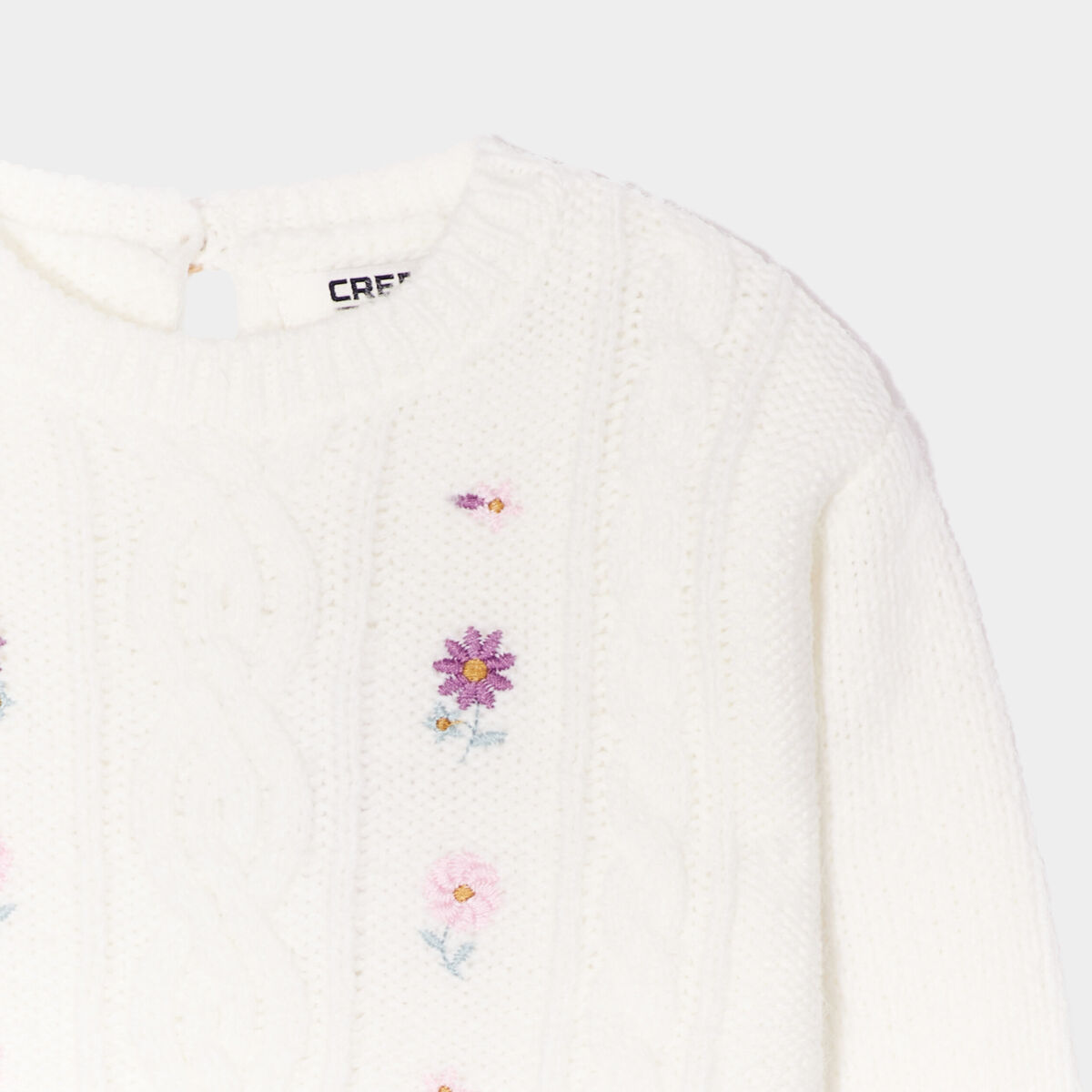 Pull broderie et torsades Creeks blanc bébé fille