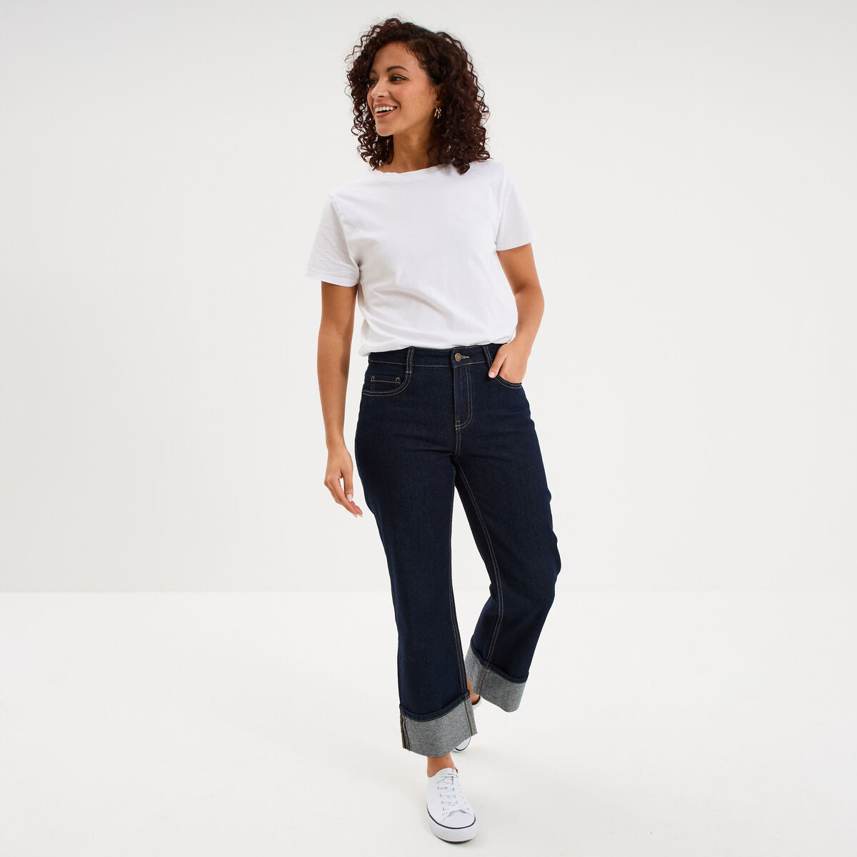 Jean droit cropped bas revers denim brut femme