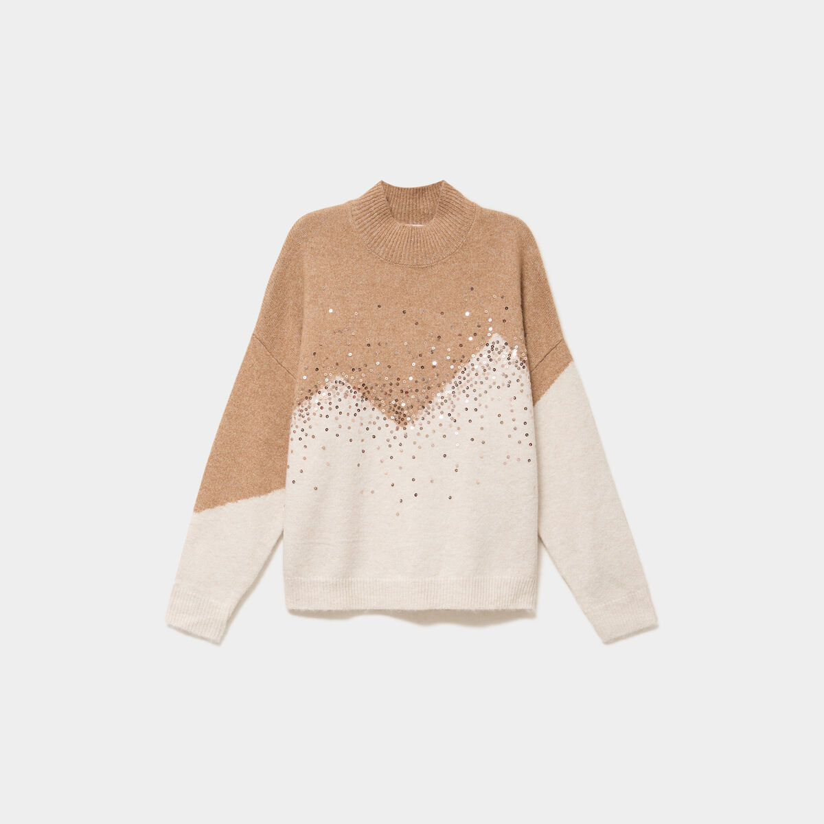 Pull col montant &agrave; sequins oversize beige femme