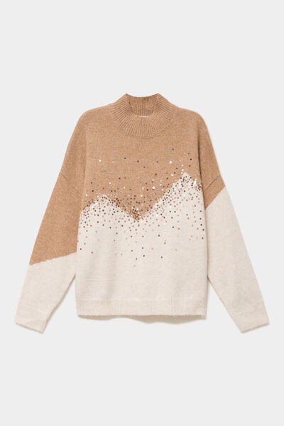 Pull col montant &agrave; sequins oversize beige femme