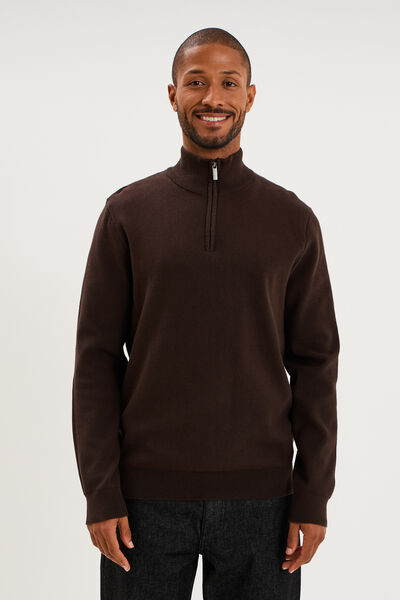 Pull camionneur manches longues marron fonc&eacute; homme