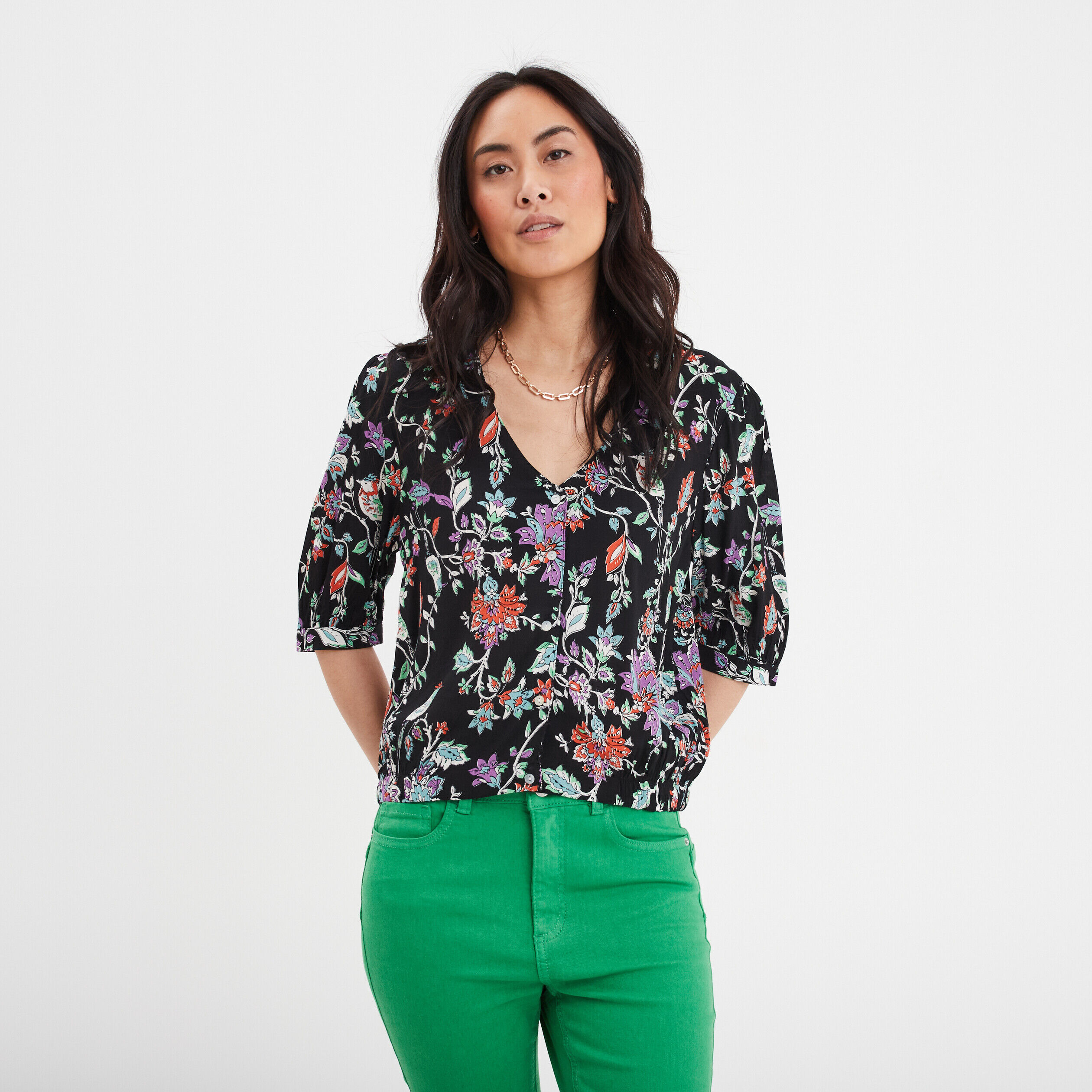Blouse col en V manches ballons noir femme LH