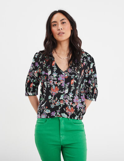 Blouse col en V manches ballons noir femme