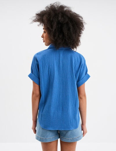 Chemise nouée manches courtes gaze coton bleu foncé femme