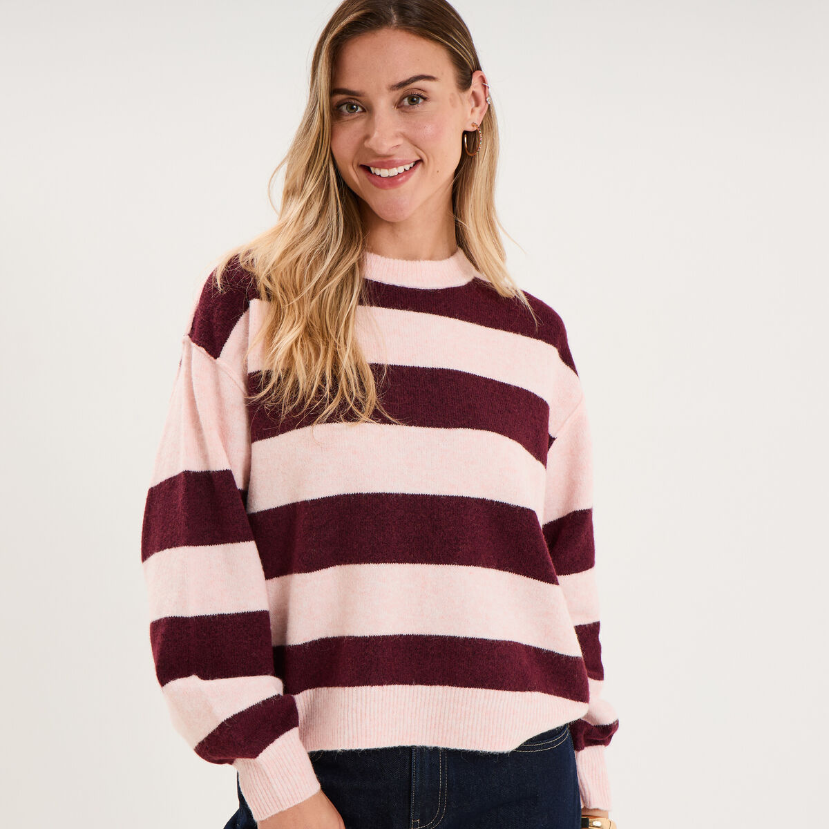 Pull col rond avec manches longues rose clair femme