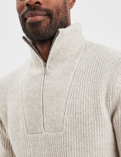 Pull avec col camionneur côtelé beige homme