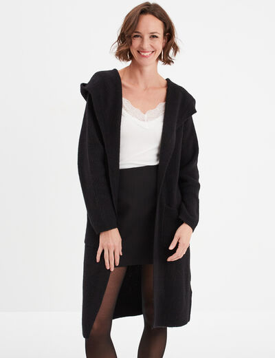 Gilet long à capuche manches longues noir femme