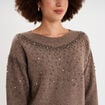 Pull perles et strass manches longues taupe femme