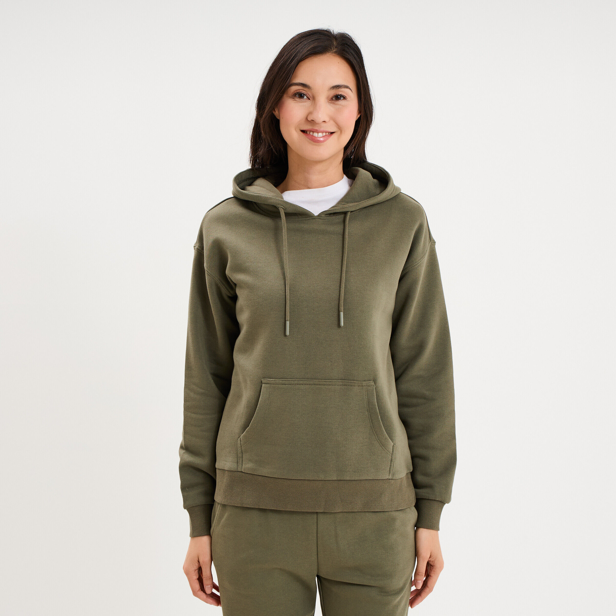Sweat hoodie 1 poche à capuche vert kaki femme LH